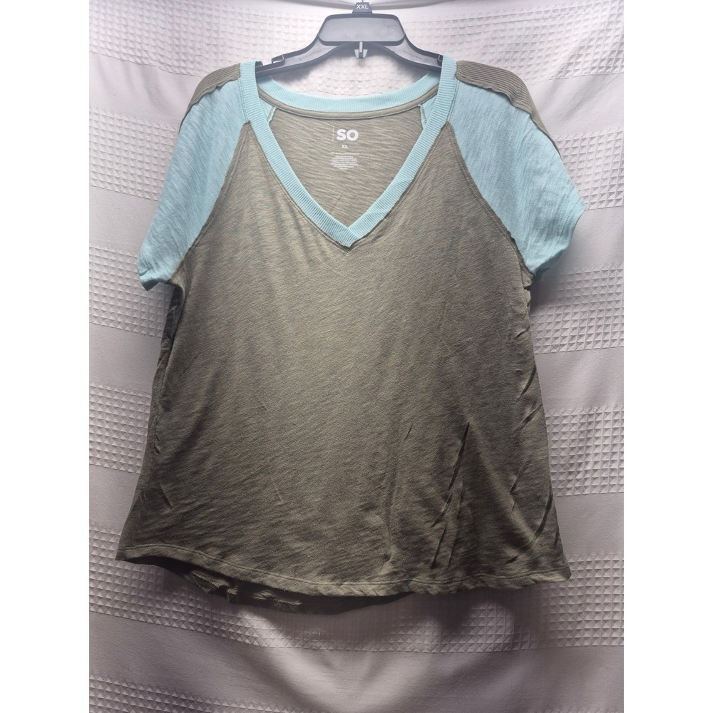 SO Shirt Womens Sz XL Short Sleeve V Neck Colorblock Blue Green 100% Cotton 7627